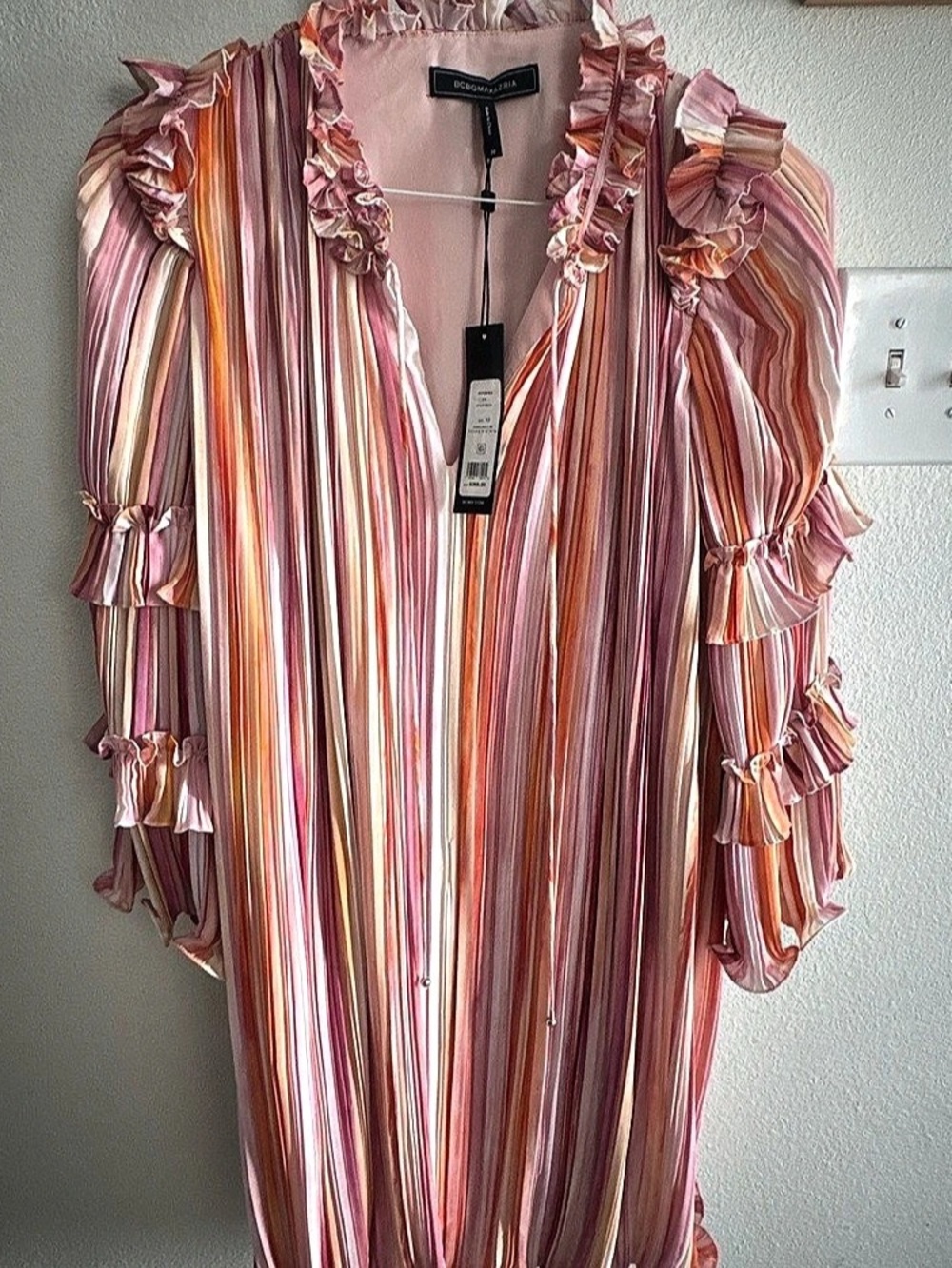 BCBGMAXAZRIA Striped Pleated Ruffle Shift Dress Maxi Dress Pink & Orange Size 10